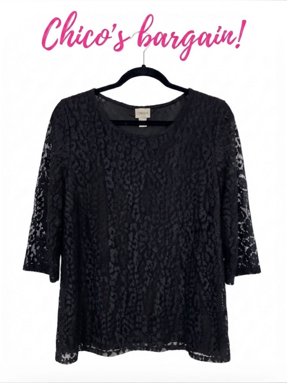 Chico’s Black Lace 3/4 Sleeve Lined Tunic Top Size 1 / Medium